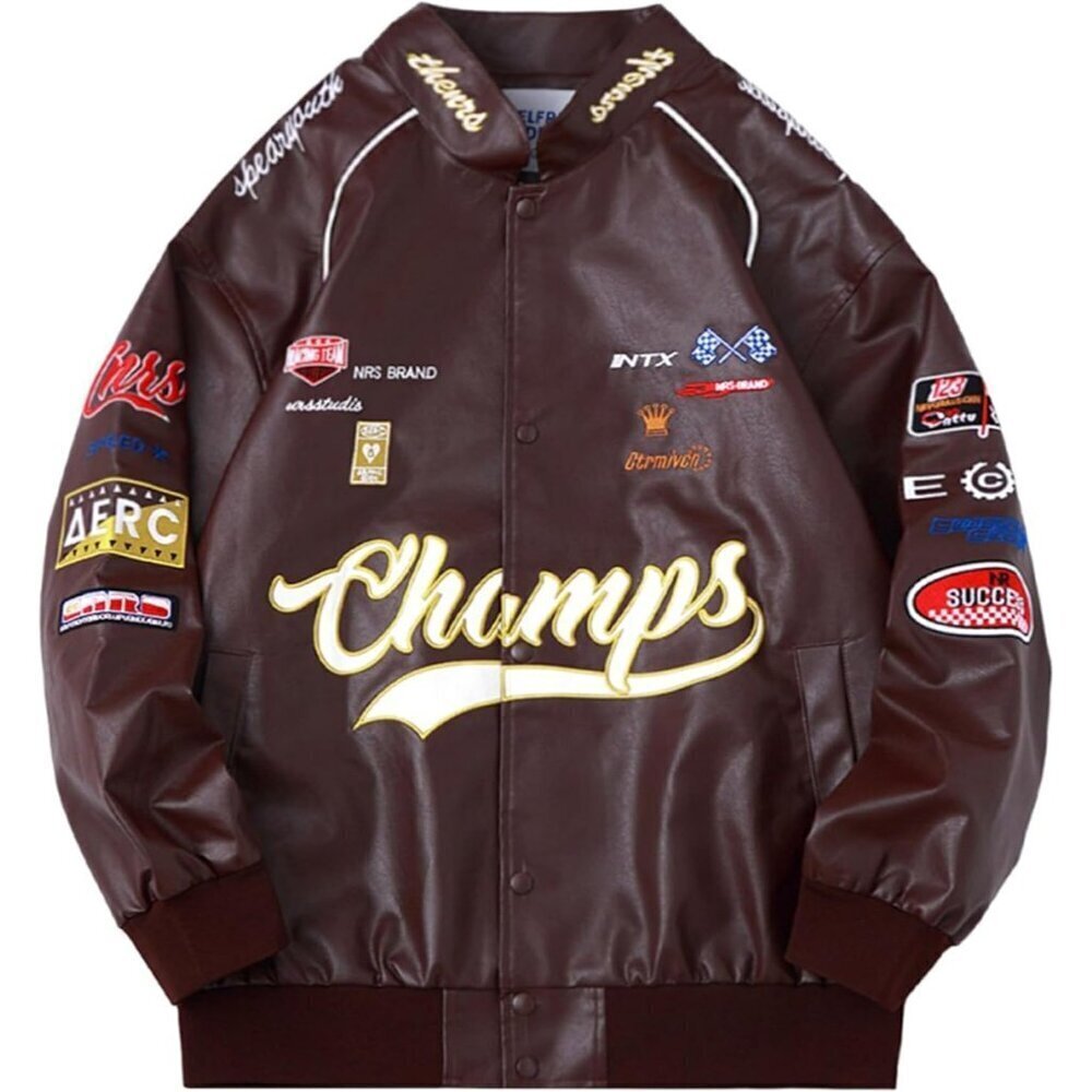 🆕Unisex Brown Aelfric Eden Faux Leather Racing Jacket Oversized Biker Jacket